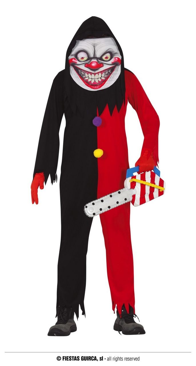 Enge Lachende Rood Zwarte Clown Man Kostuum