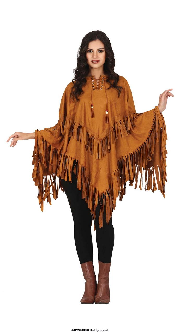 Bruine Indianenponcho Met Veel Franjes