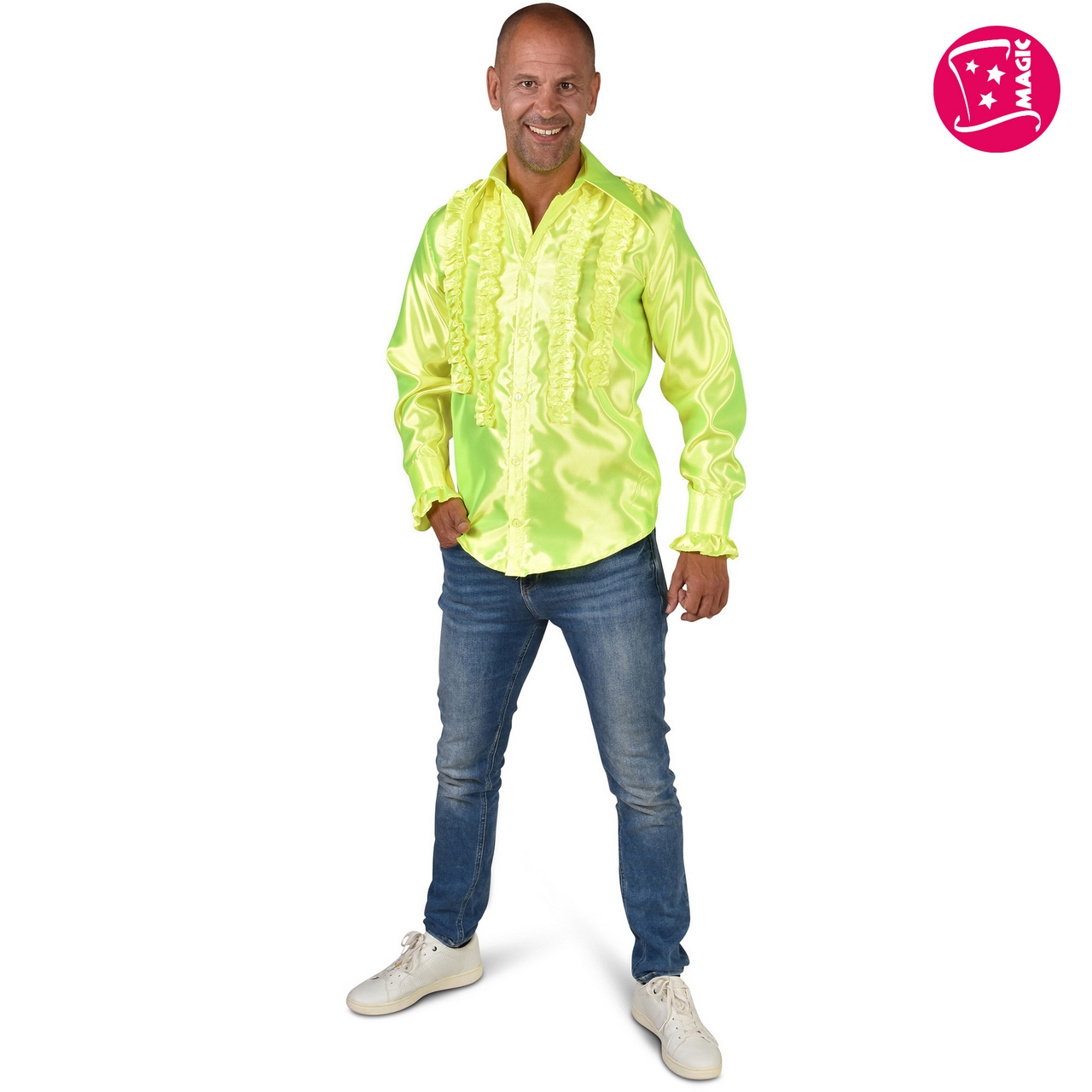 Rouchen Blouse Neon Geel Disco Party Man