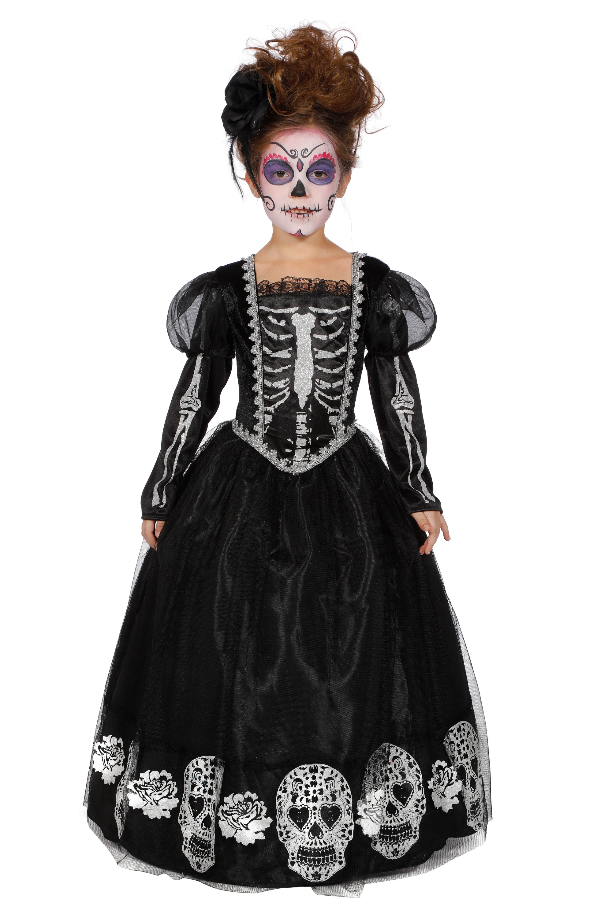 Zwarte Jurk Versierd Met Doodshoofden Day Of The Dead Meisje