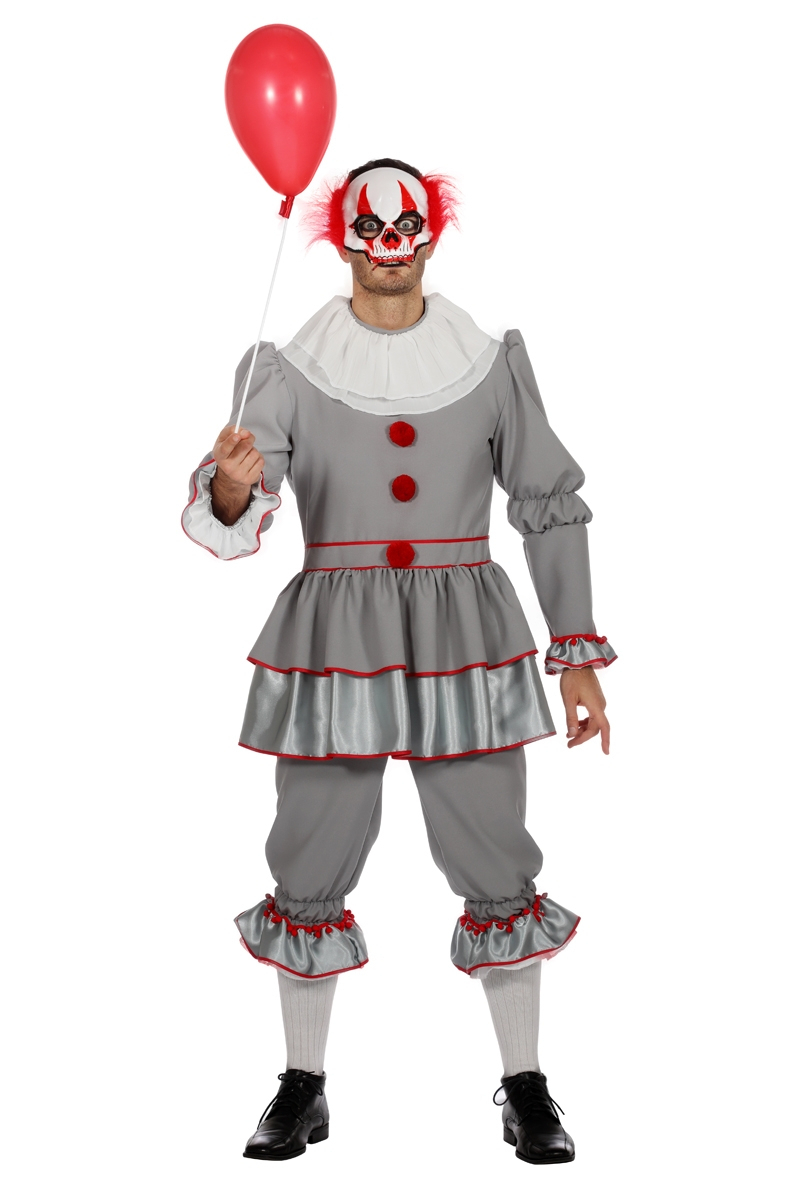 Grijze, Gruwelijk Grijnzende Clown Halloween Man Kostuum