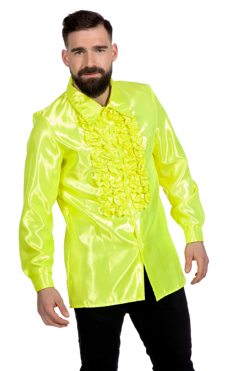 Gele Ruchesblouse Satijn Foute Neon Disco